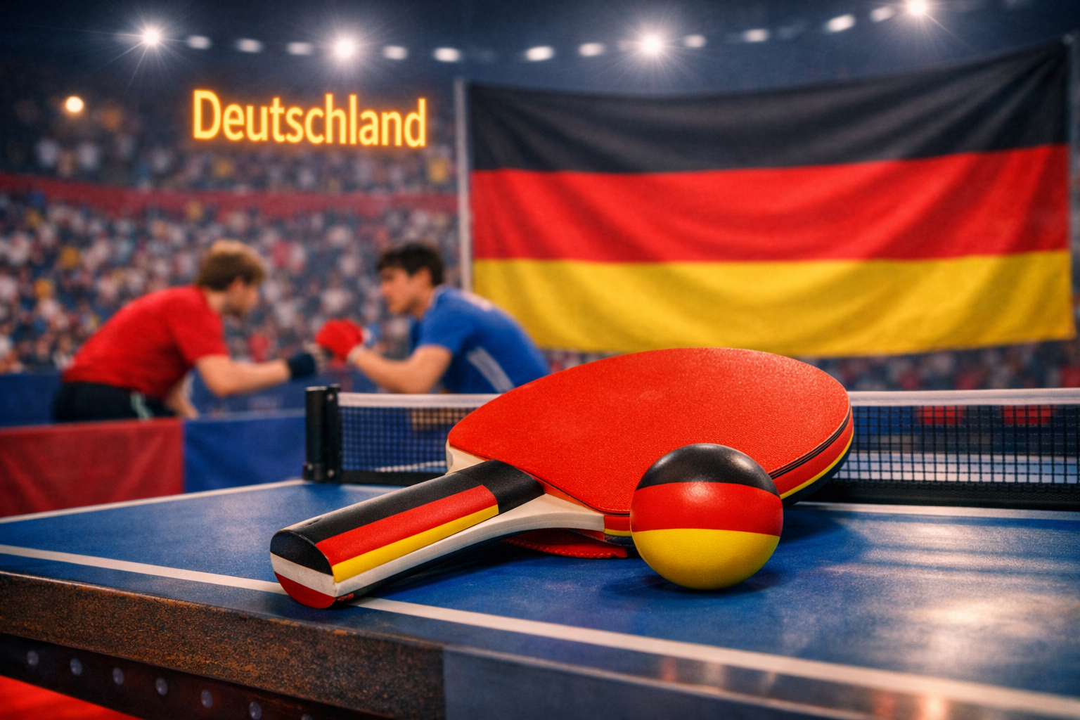 Germany‑themed table‑tennis paddle and ball on a match table.
