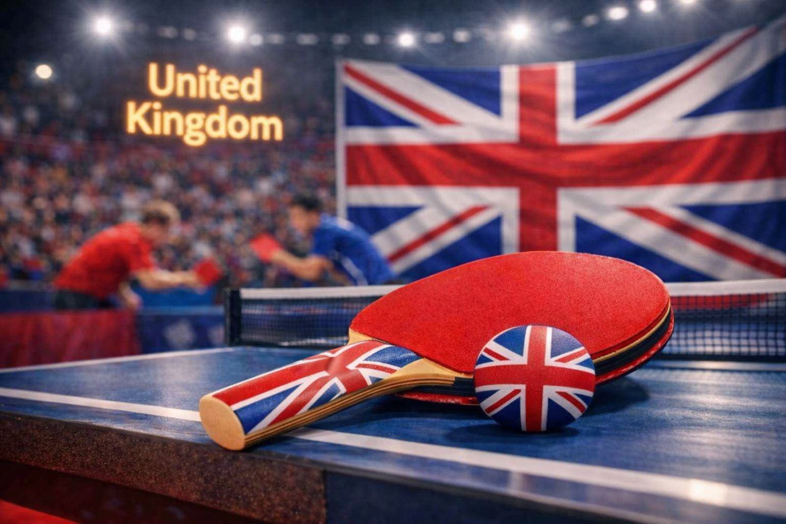 UK themed table tennis paddle and ball on a match table.