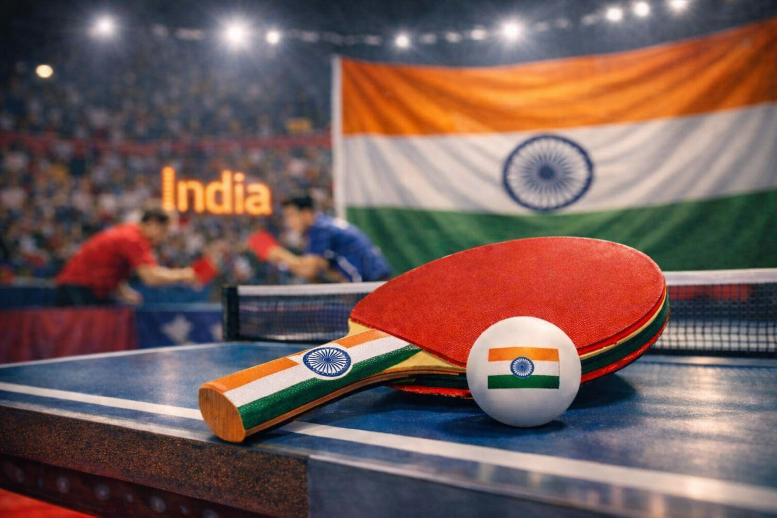 Weekly Indian table-tennis news with match results, player rankings, gear updates, rising Indian talent, and national competition highlights. Image of India-themed table tennis paddle and ball