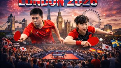 A dynamic composite showing two elite table tennis players in action at the ITTF World Team Table Tennis Championships London 2026. Behind them, London landmarks such as Tower Bridge, Big Ben, and the London Eye rise above a packed Copper Box Arena crowd waving international flags. The scene celebrates the centenary of the sport’s first World Championships held in London 1926, symbolising a century of global growth and competition.