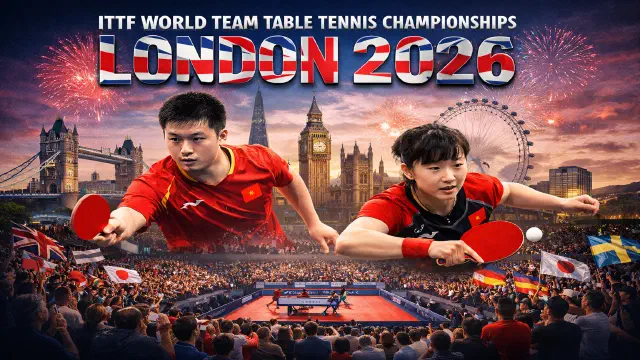 A dynamic composite showing two elite table tennis players in action at the ITTF World Team Table Tennis Championships London 2026. Behind them, London landmarks such as Tower Bridge, Big Ben, and the London Eye rise above a packed Copper Box Arena crowd waving international flags. The scene celebrates the centenary of the sport’s first World Championships held in London 1926, symbolising a century of global growth and competition.