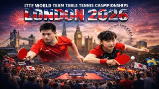 A dynamic composite showing two elite table tennis players in action at the ITTF World Team Table Tennis Championships London 2026. Behind them, London landmarks such as Tower Bridge, Big Ben, and the London Eye rise above a packed Copper Box Arena crowd waving international flags. The scene celebrates the centenary of the sport’s first World Championships held in London 1926, symbolising a century of global growth and competition.