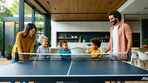A modern, well-lit home with a family spanning three generations gathered around a ping pong table, smiling and engaged in play