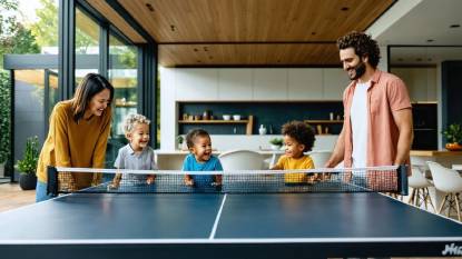 A modern, well-lit home with a family spanning three generations gathered around a ping pong table, smiling and engaged in play