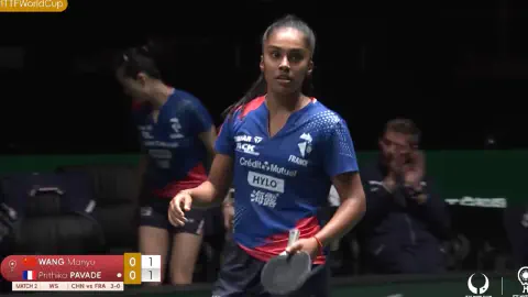 Prithika Pavade prepares to return a shot against Wang Manyu during their match at the ITTF Mixed Team World Cup 2025.